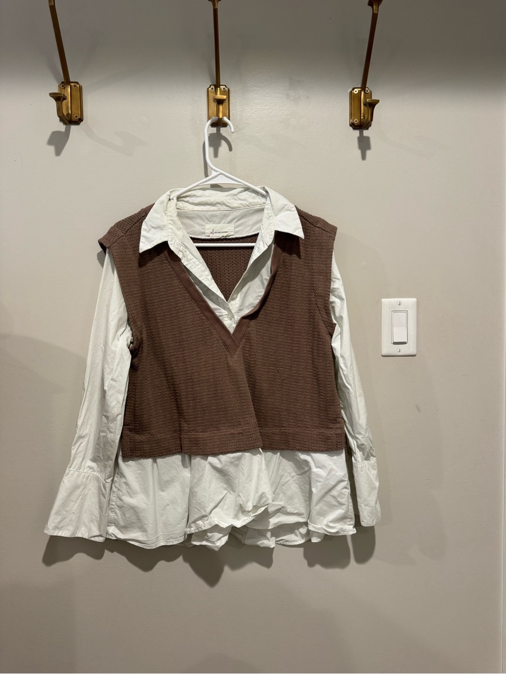 Anthropologie White Button-Down Shirt with Brown Cropped Sweater Vest